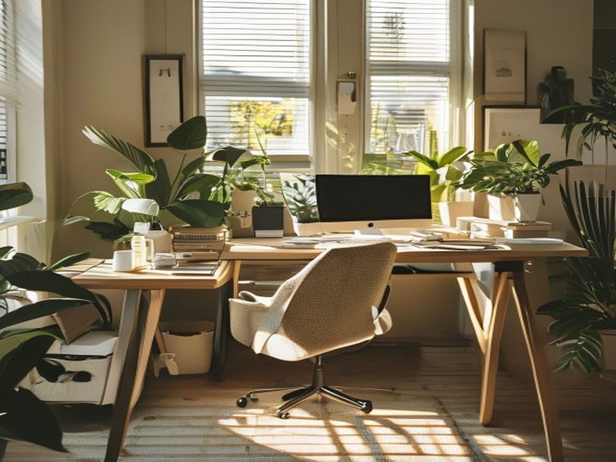 Organised desk setup with natural light, plants and writing materials in Auckland office